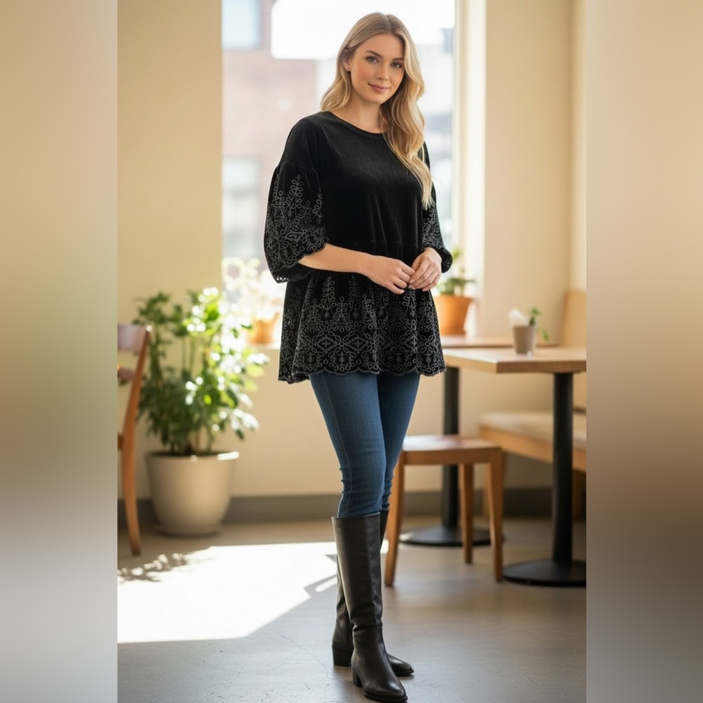 Savanna Jane Black Velvet Blouse with Gray Embroidery, S